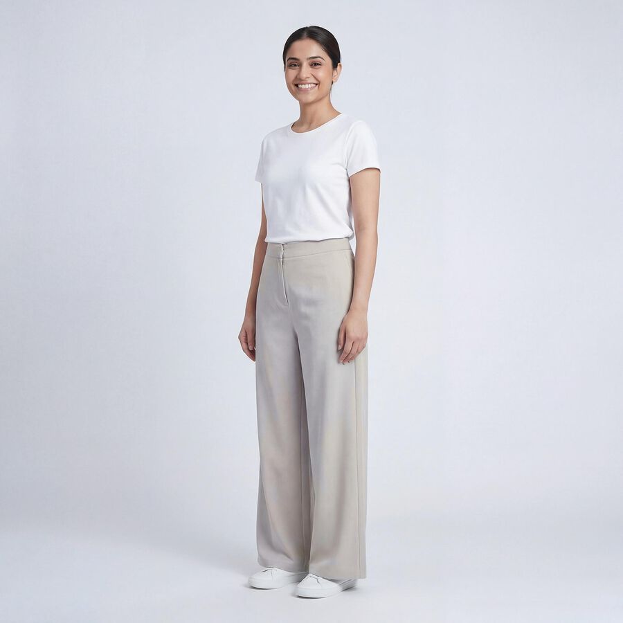 Women's Light Grey Wide-Leg Flat-Front Trousers, हल्का ग्रे, large