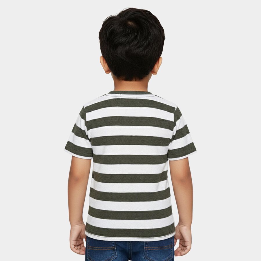 Boys' Olive Round Neck Striped T-Shirt, ओलिव, large