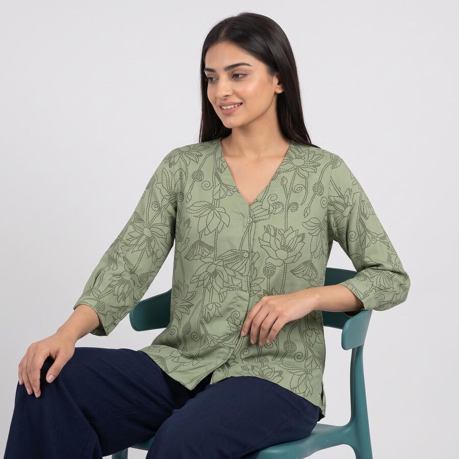 Women's Olive Green V-Neck Floral Printed Straight Kurti, ओलिव, large