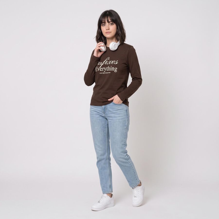 Women's Brown Round Neck Regular Top, भूरा, large