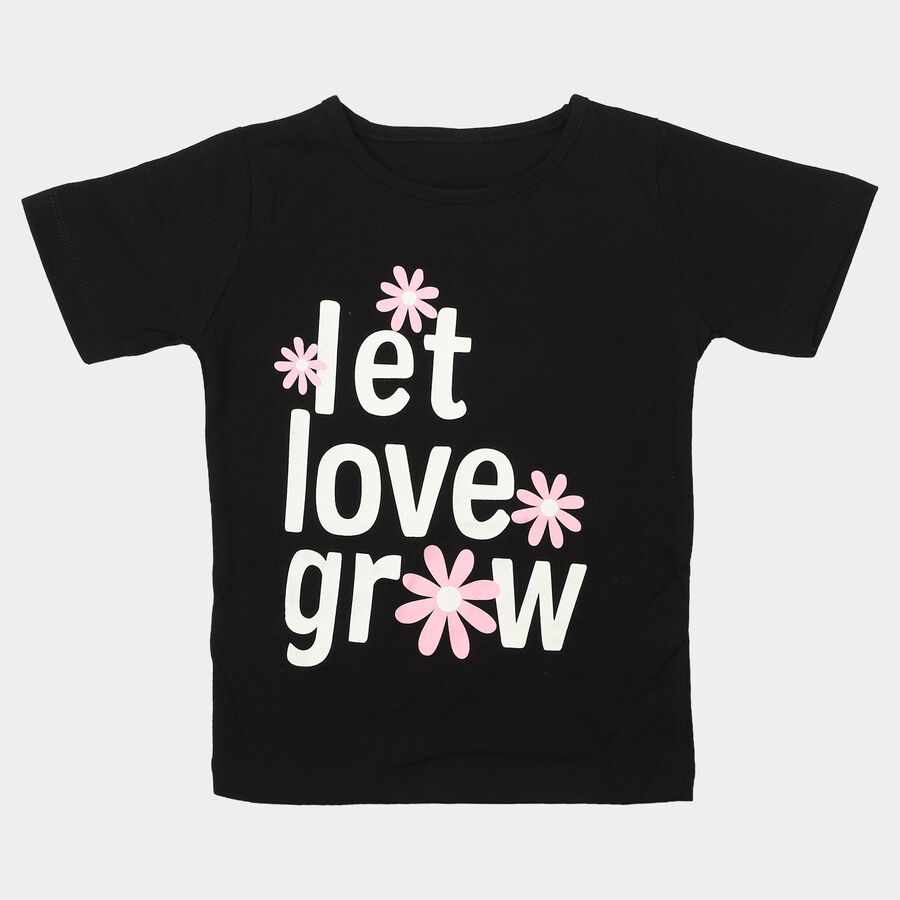 Girls Black Cotton Blend Round Neck Regular T-Shirt, Black, large