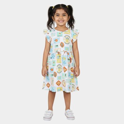 Girls' Off White Cotton Blend Casual Frock