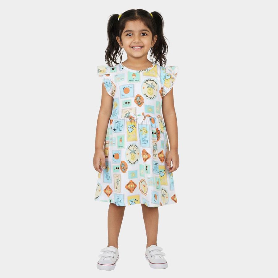 Girls' Off White Cotton Blend Casual Frock, Off White, large