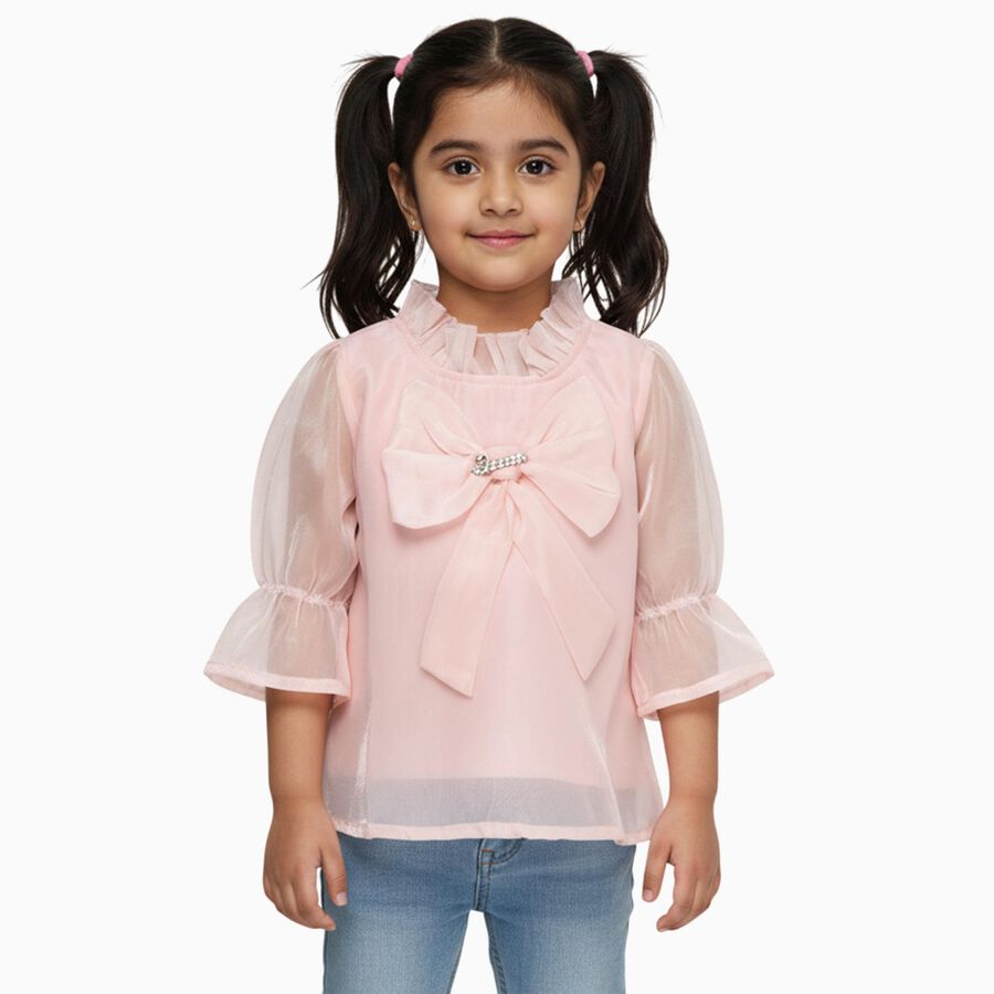 Girls' Pale Peach Ruffled Neck Romantic T-Shirt, Peach, large