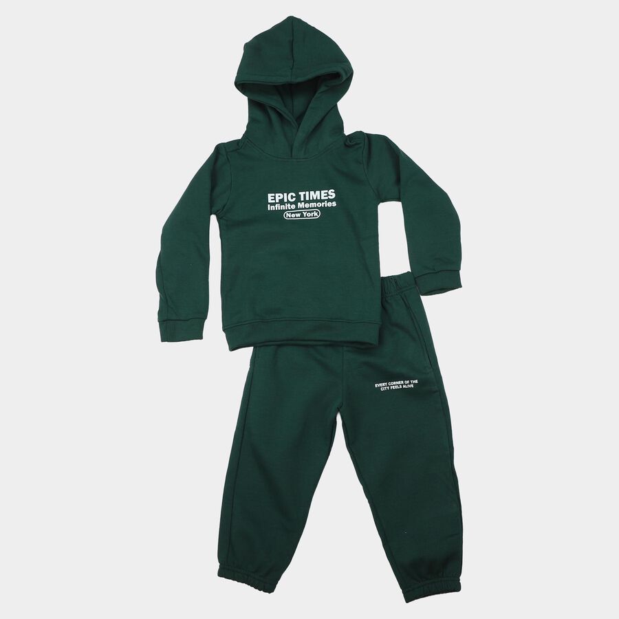 Boys Green Hooded Neck Graphic Printed Baba Suit, Dark Green, large