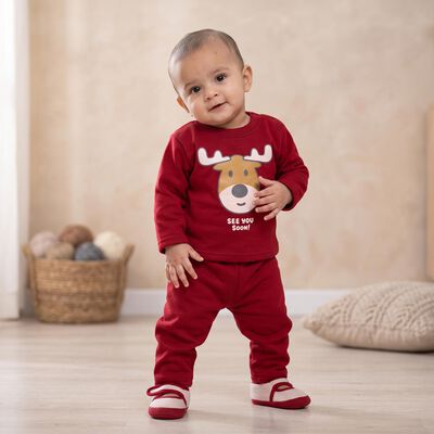 Infants' Maroon Round Neck Graphic Baba Suit