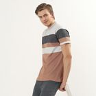 Men's Beige Cotton Polo Neck Striped T-Shirt, Beige, small