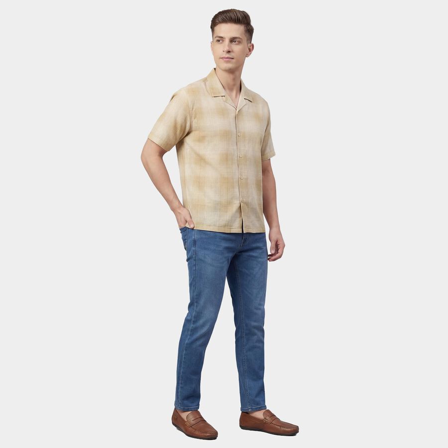 Men's Beige Cotton Spread Collar Classic Casual Shirt, गहरा पीला, large