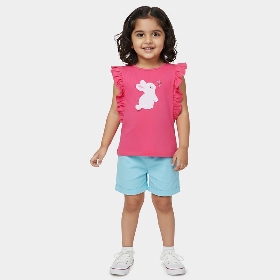 Girls' Fuchsia Cotton Round Neck Ruffle Sleeve Bunny Applique T-Shirt, Fuchsia, large