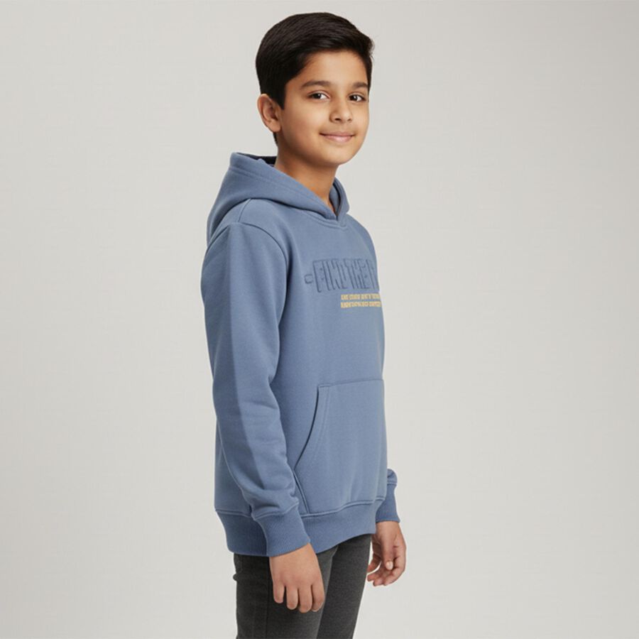Boys Muted Steel Blue Hooded Neck Casual Sweatshirt, Mid Blue, large image number null