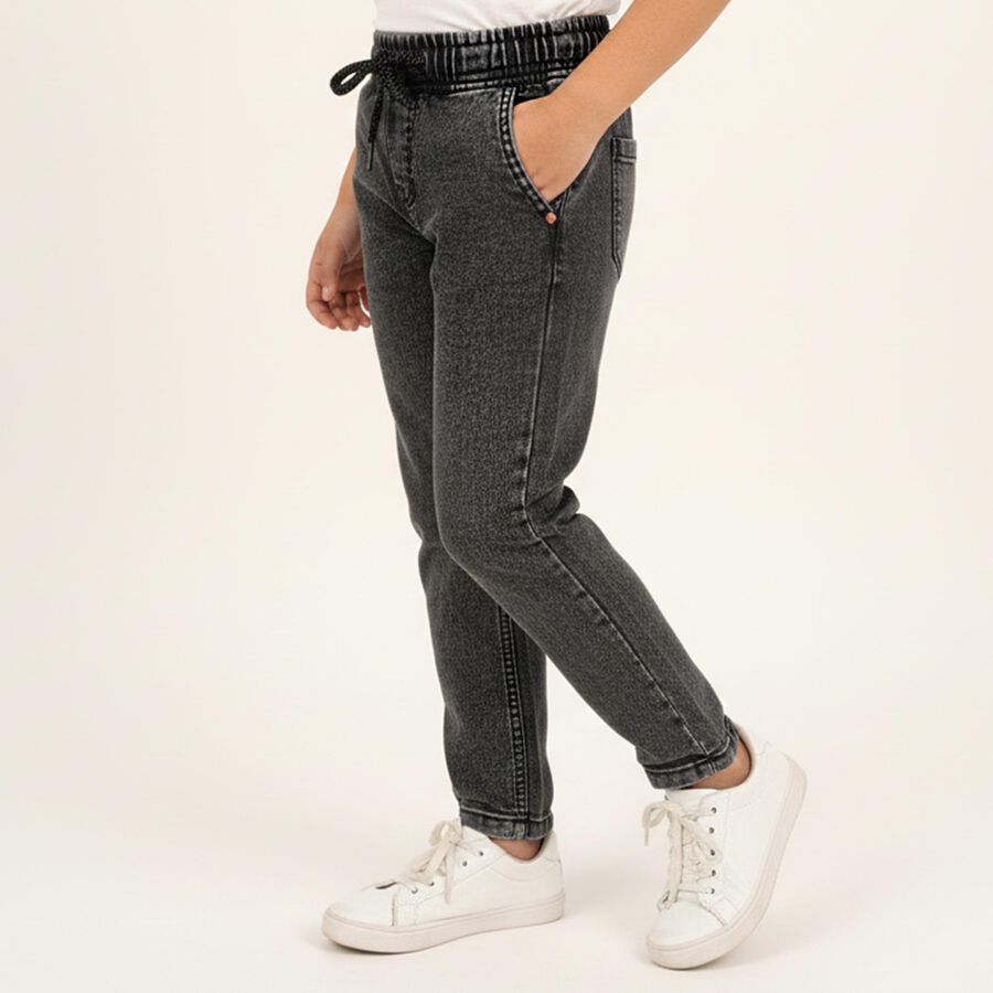 Boys' Washed Black Regular Fit Elastic Waist Jeans, गहरा ग्रे, large image number null