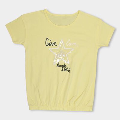 Girls' Bright Yellow Cotton Round Neck Casual T-Shirt