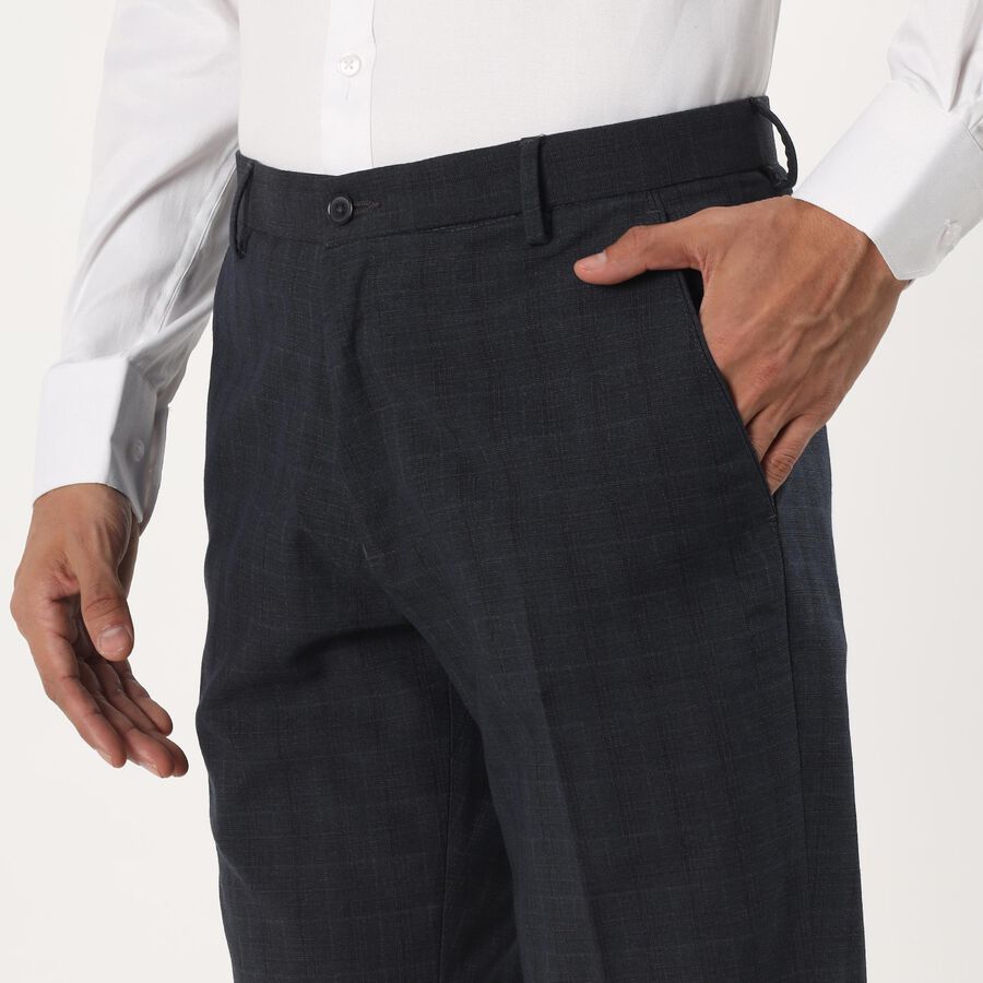 Men's Navy Blue Slim Fit Checkered Formal Trousers, Dark Grey, large image number null