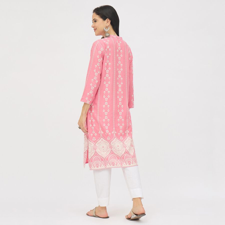 Ladies' Bright Rose Pink Round Neck Placement Printed Kurta, Pink, large image number null