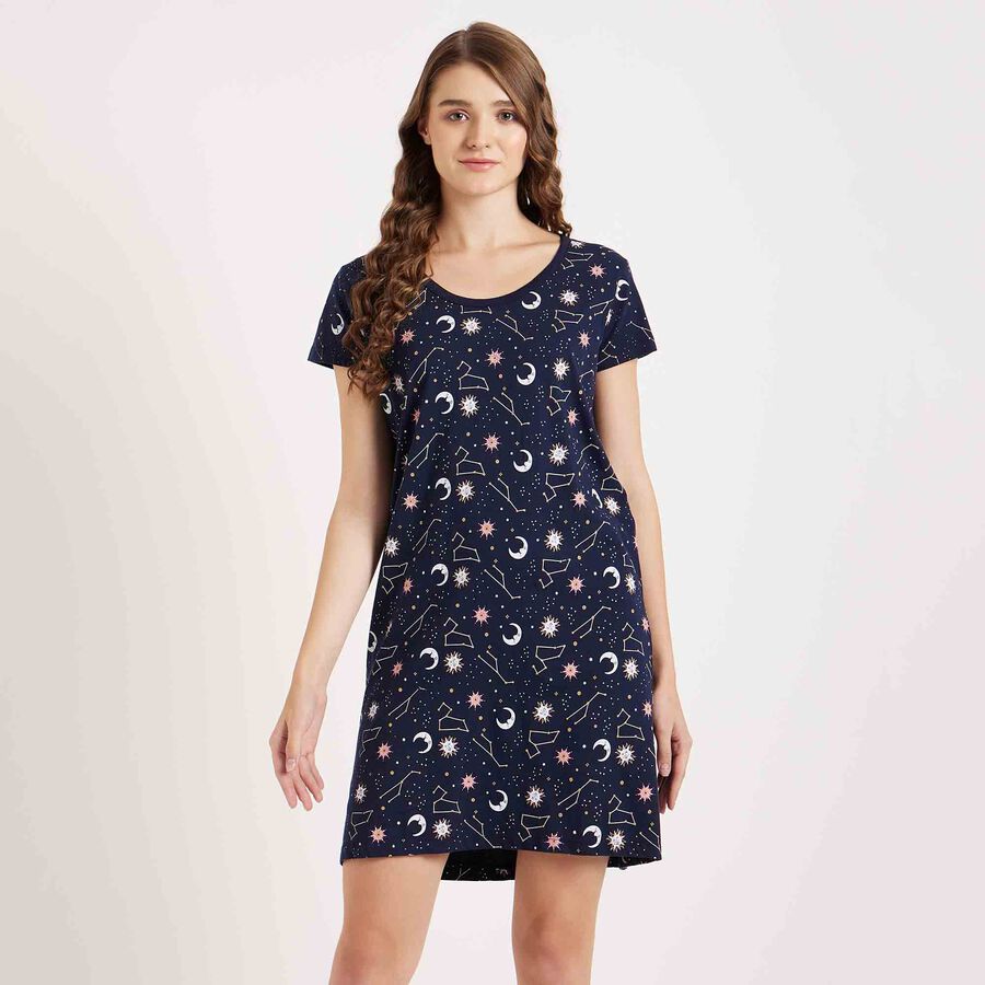 Printed Knee Length Nighty, Navy Blue, large image number null
