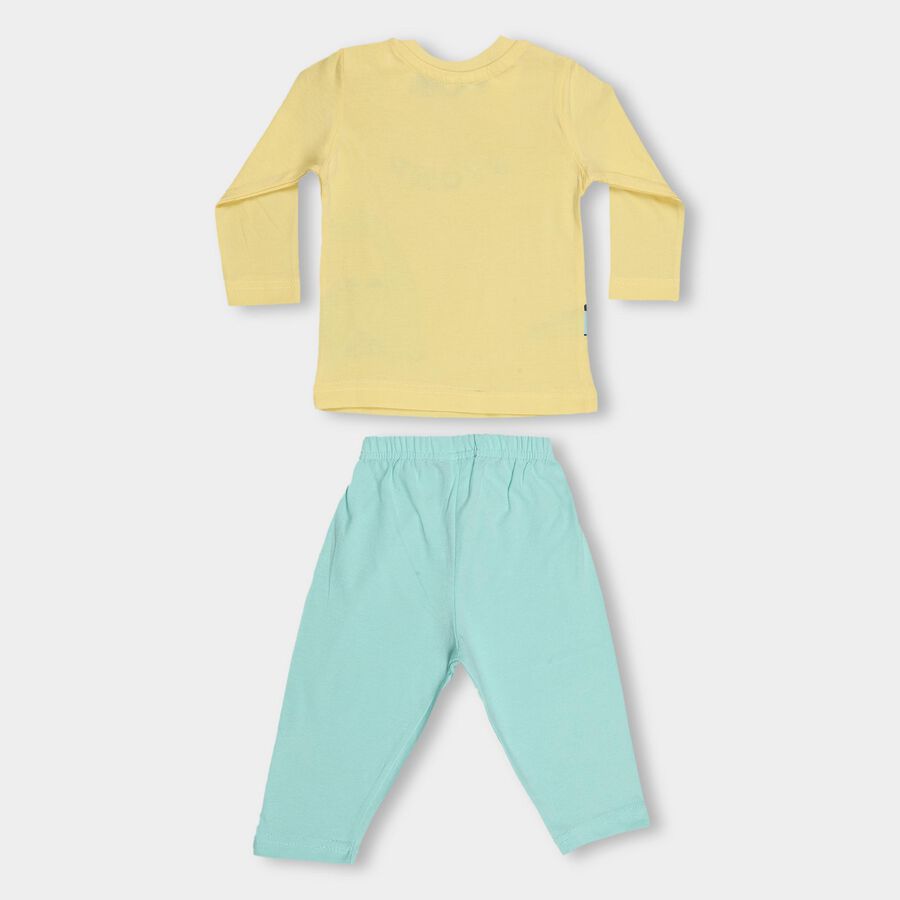 Infants' Yellow Cotton Round Neck Cartoon Printed Baba Suit, Yellow, large image number null