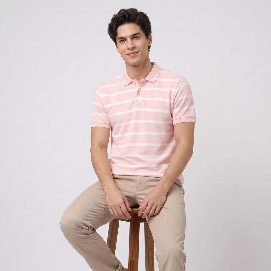 Men's Pink Polo Neck Striped Polo T-Shirt, Pink, large