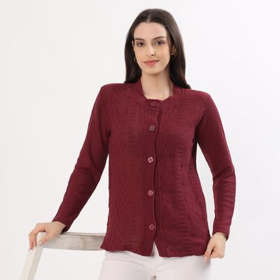 Women's Rich Burgundy Round Neck Casual Cardigan