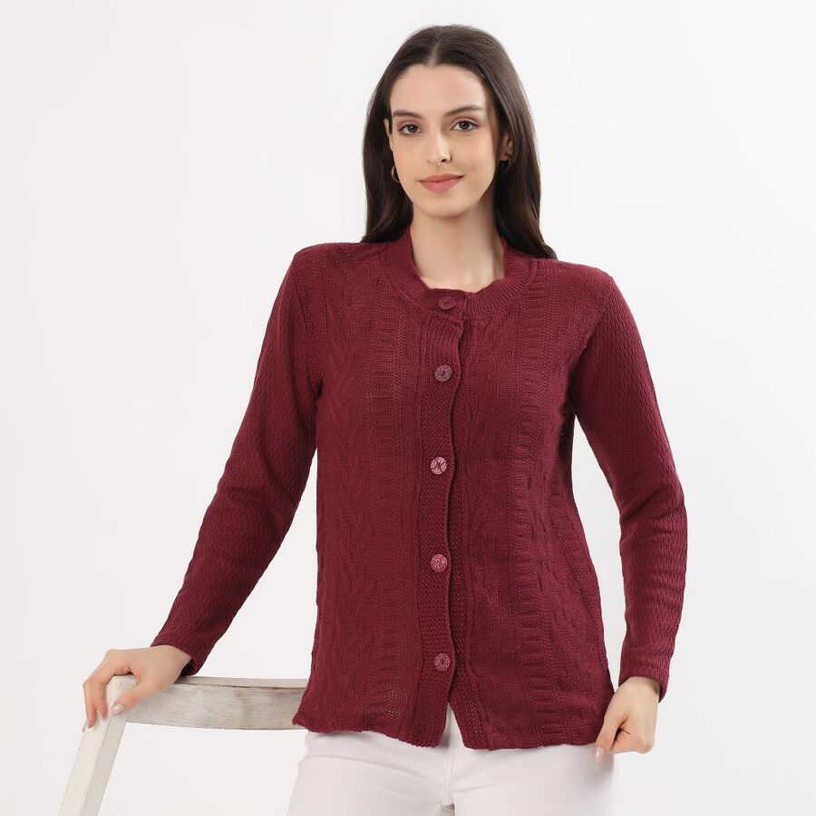 Women's Rich Burgundy Round Neck Casual Cardigan, वाइन, large image number null