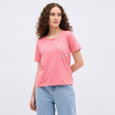 Girls' Bright Pink Round Neck Printed T-Shirt