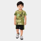 Boys Olive Green 100% Cotton Crew Neck Graphic Print Baba Suit, ओलिव, small