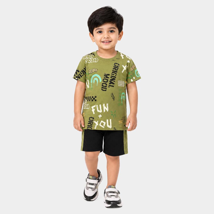 Boys Olive Green 100% Cotton Crew Neck Graphic Print Baba Suit, ओलिव, large
