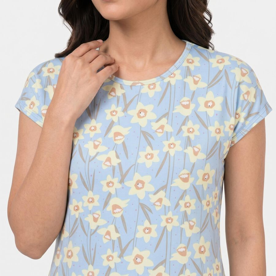 Women's Light Blue Round Neck T-Shirt Style Nighty, हल्का नीला, large
