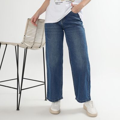 Women's Stonewashed Blue Wide Leg High Waist Jeans