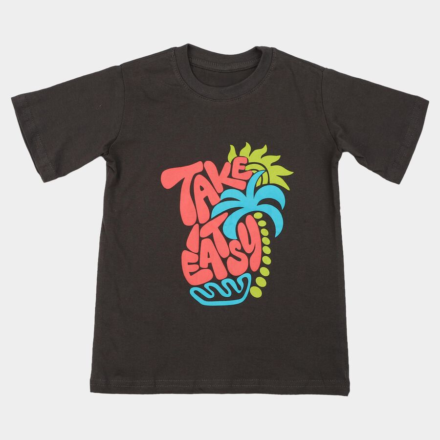 Boys Black Cotton Round Neck Regular Boys T-Shirt, Charcoal, large