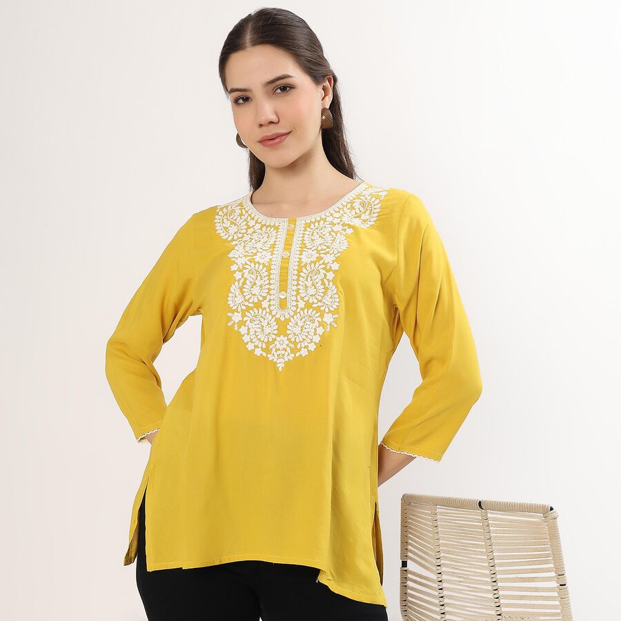 Women's Bright Mustard Yellow Round Neck Embroidered Kurti, पीला, large image number null