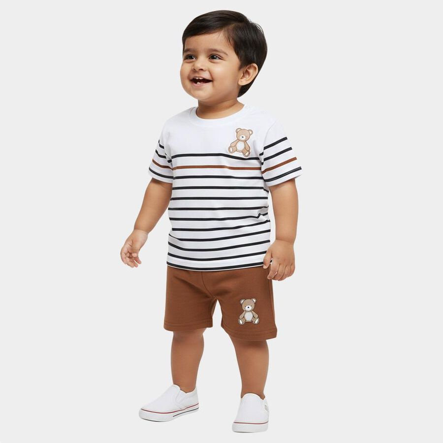 Infants' White Cotton Round Neck Striped Baba Suit, Beige, large