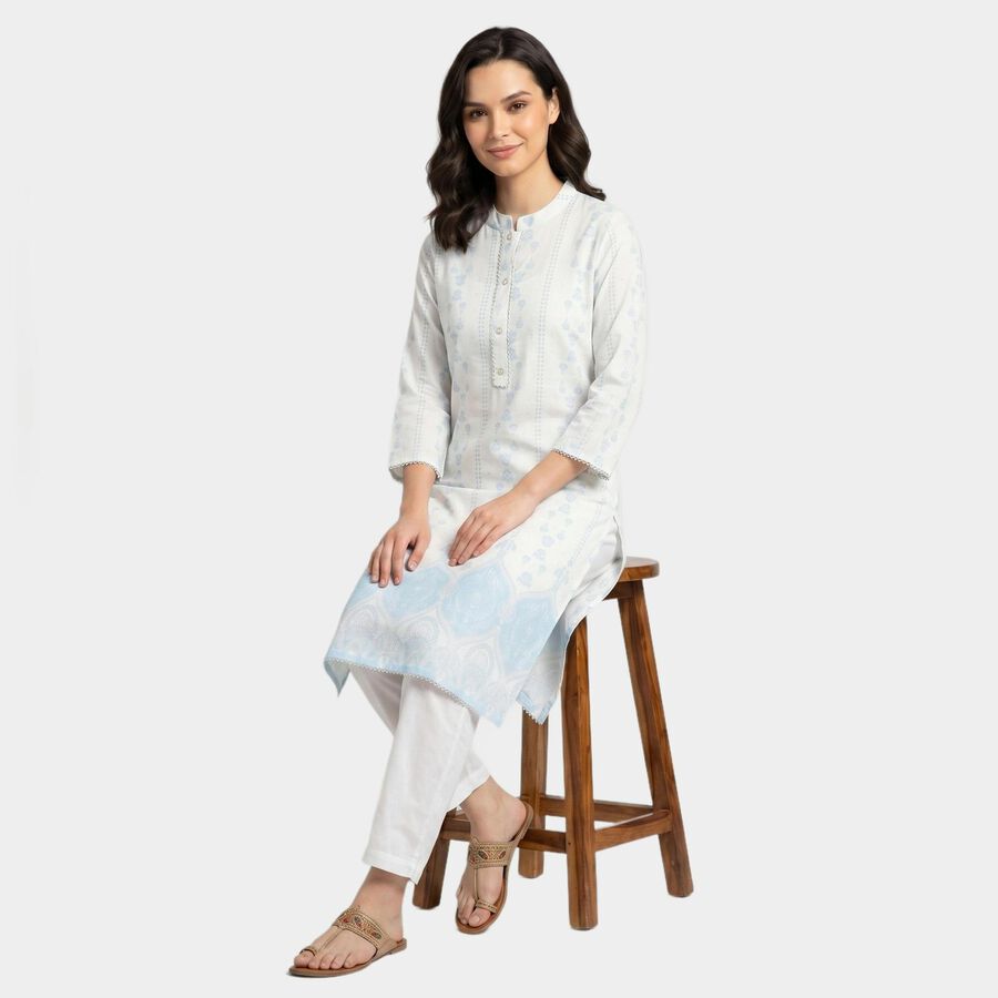 Women's Light Blue Mandarin Collar Printed Straight Kurta, हल्का नीला, large