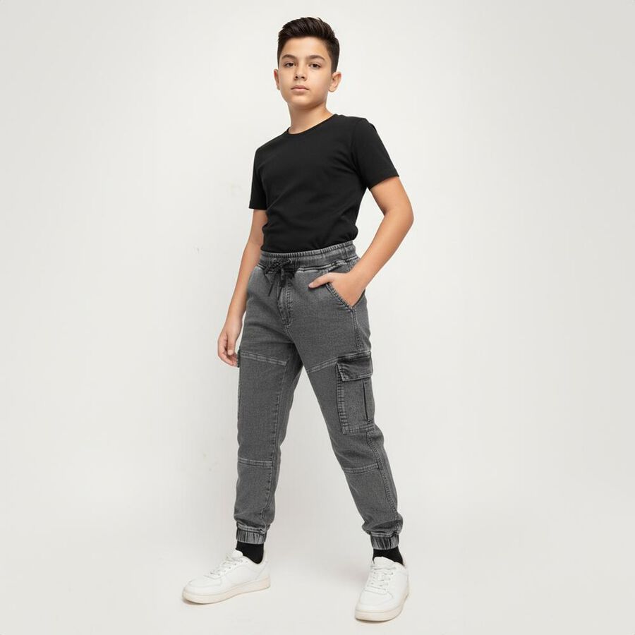 Boys Charcoal Grey Regular Fit Cargo Jogger Trousers, गहरा ग्रे, large image number null