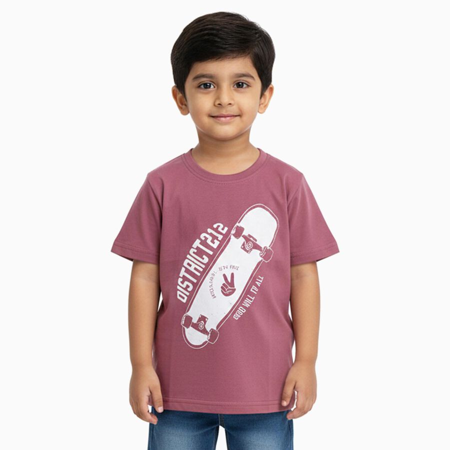 Boys Dusty Rose Pink Round Neck Casual T-Shirt, Pink, large image number null