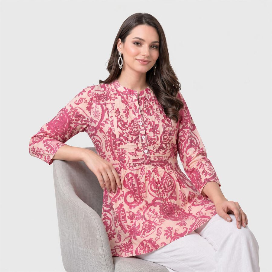 Women's Pink Band Collar Printed Kurti, हल्का गुलाबी, large