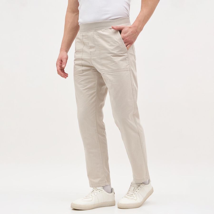Men's Light Beige Slim Fit Elastic Waist Casual Trousers, Silver, large