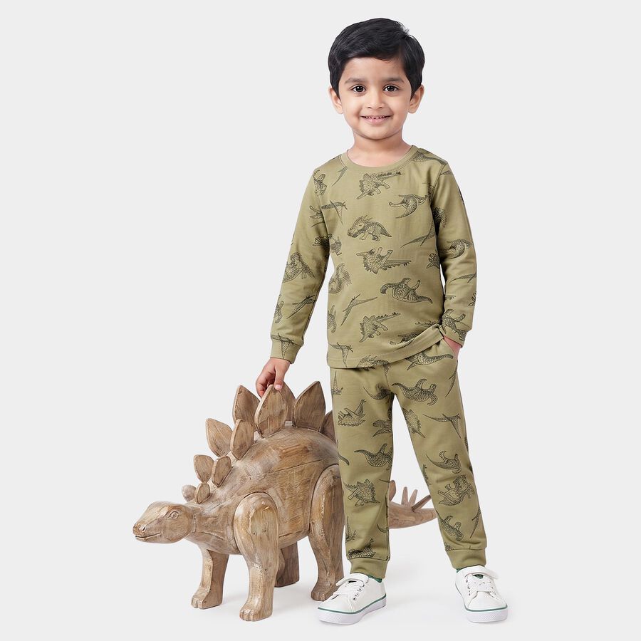 Boys Olive Green Cotton Round Neck Dinosaur Printed Baba Suit, Olive, large