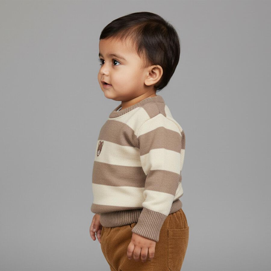 Infants Beige and Cream Crew Neck Striped Pullover, गहरा पीला, large image number null