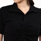 Women's Jet Black Cotton Collared Casual Crop Top, काला, small