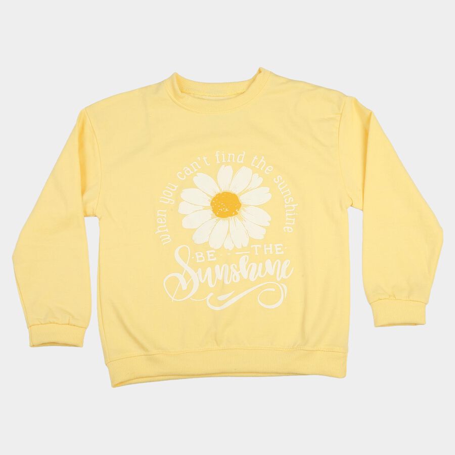 Girls Yellow Round Neck Pullover Sweatshirt, Yellow, large