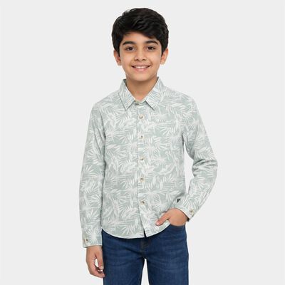Boys' Mint Green Cotton Floral Regular Fit Shirt
