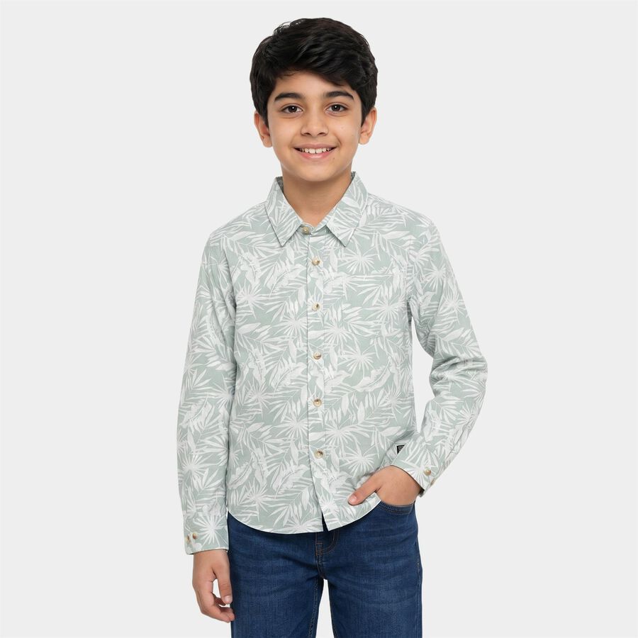 Boys' Mint Green Cotton Floral Regular Fit Shirt, Light Green, large