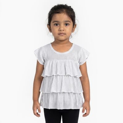 Girls Bright Eggshell White Round Neck Casual T-Shirt