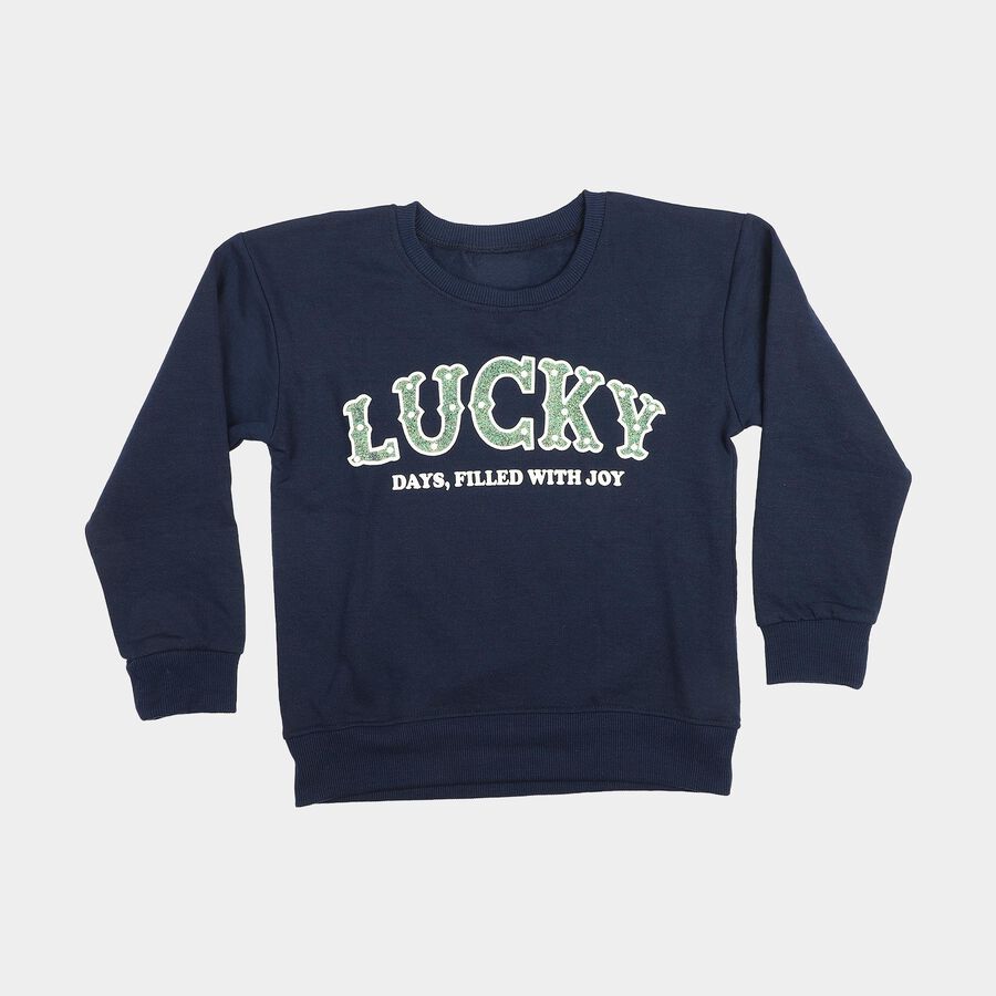 Girls' Navy Blue Crew Neck Pullover Sweatshirt, नेवी ब्लू, large