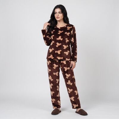 Women's Wine Straight Fit Teddy Printed Pyjama Set 