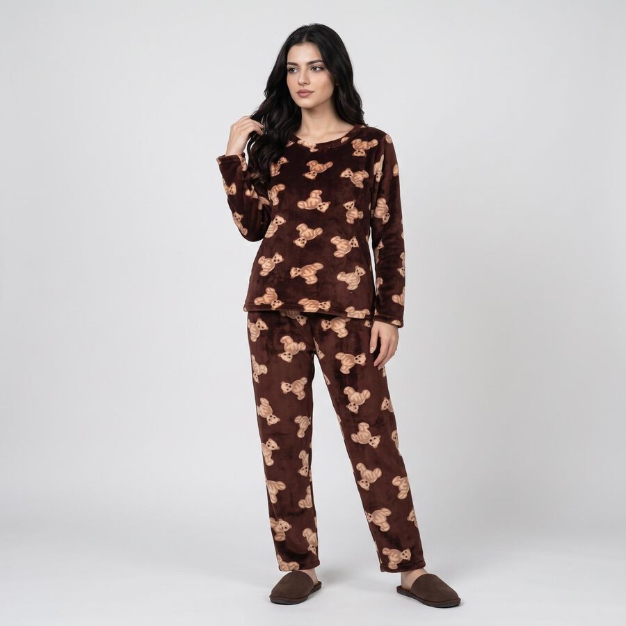 Women's Wine Straight Fit Teddy Printed Pyjama Set , वाइन, large