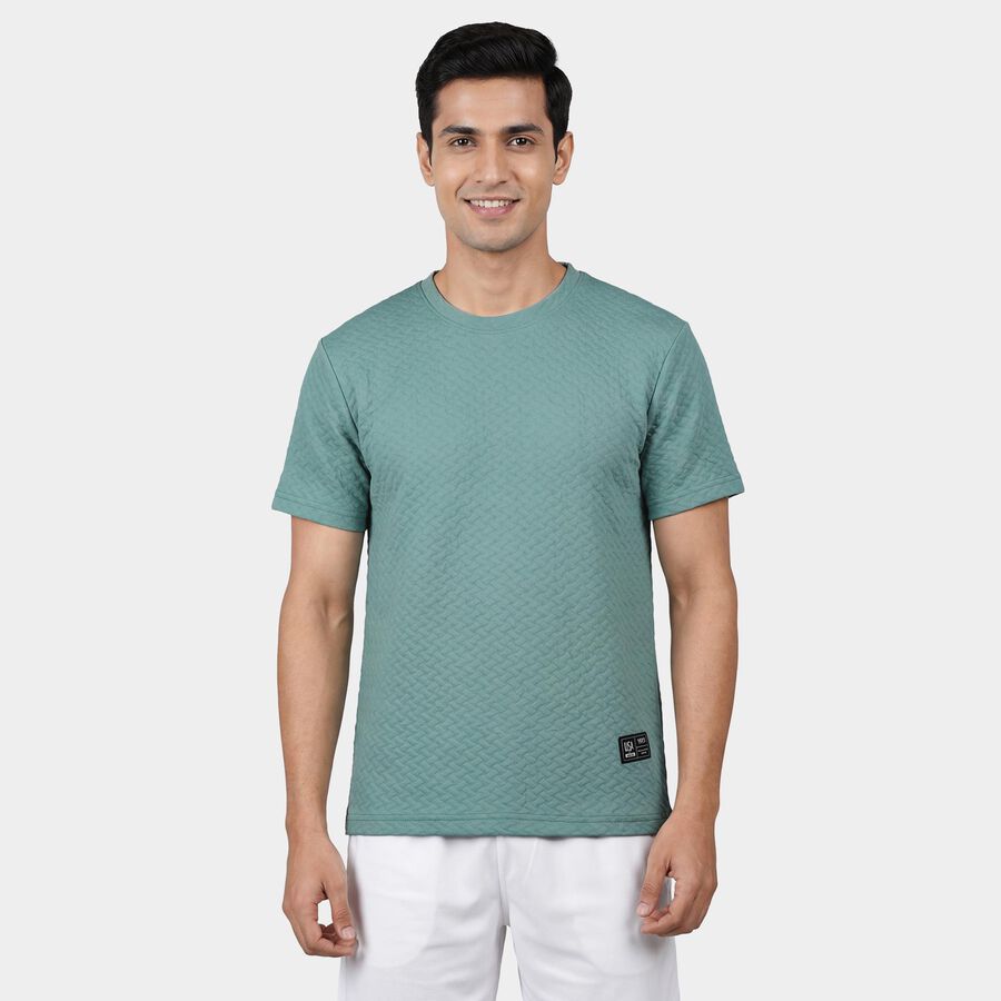 Men's Teal Round Neck Athleisure T-Shirt, Aqua, large