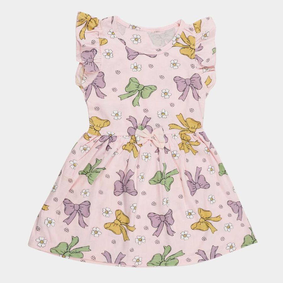 Girls' Light Pink Bow and Floral Printed A-Line Frock, Light Pink, large image number null