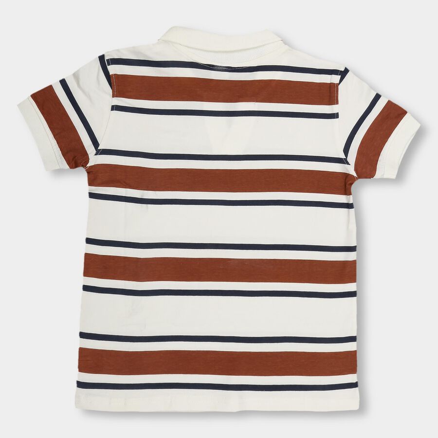 Boys' White Cotton Collar Neck Striped T-Shirt, Off White, large image number null