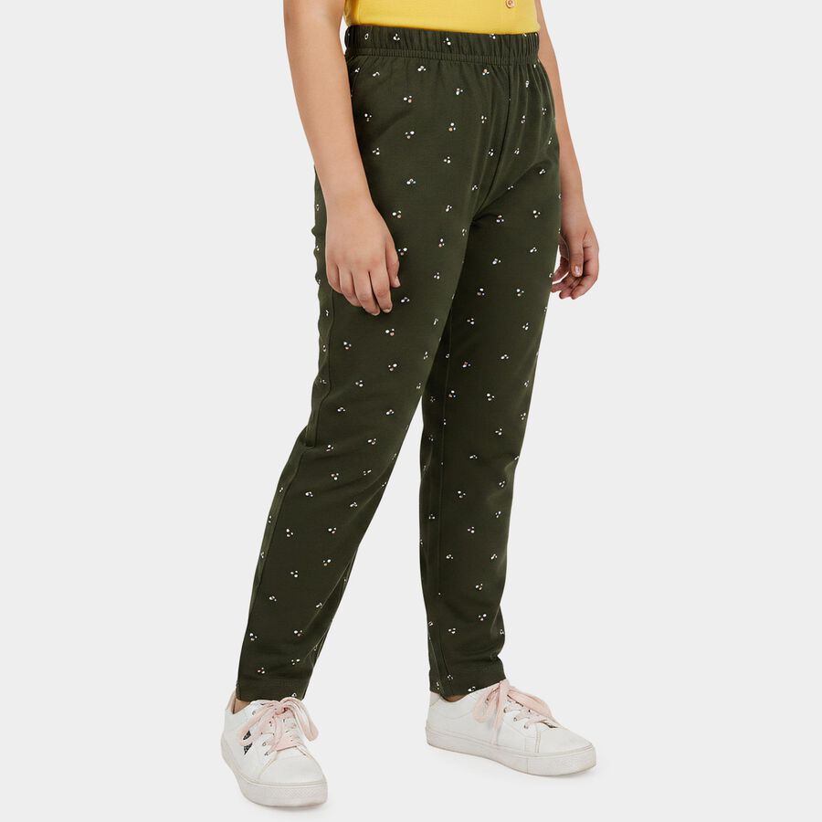 Girls Olive Green Straight Fit Printed Pyjama, Olive, large